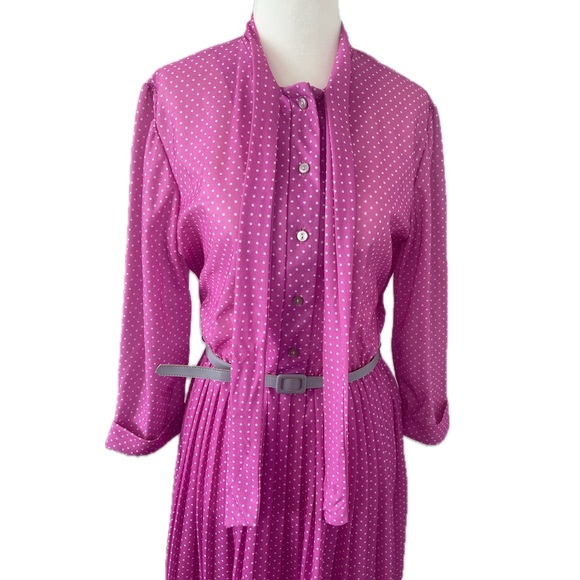 Vintage 70s Sears the Fashion Place Belted Pleated Pink & Grey Dress Women’s 12 - Picture 7 of 13